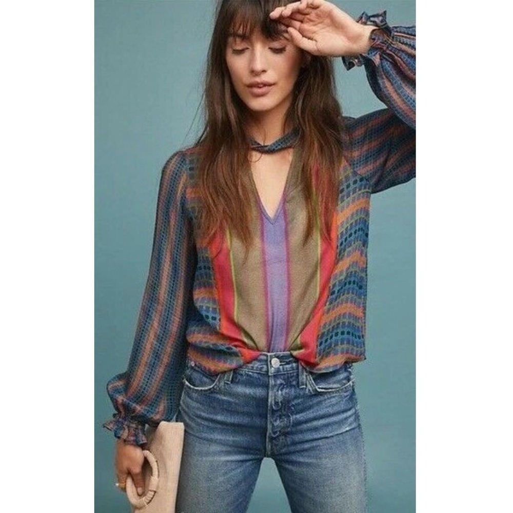 Anthropologie Conditions Apply Mixed Print Blouse Balloon Sleeve Boho Top M